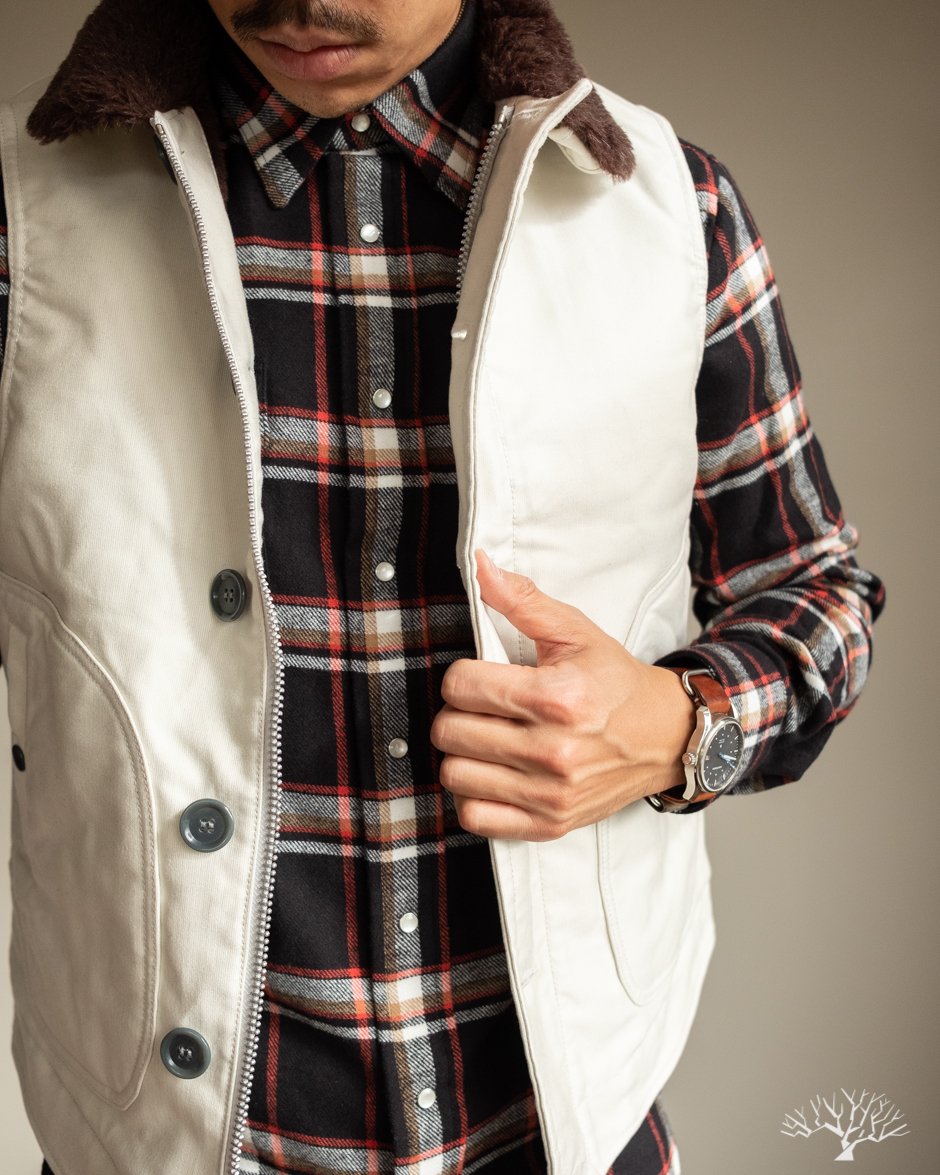 Gitman Vintage Red Country Plaid Western Shirt with Iron Heart N1 Deck Vest Ivory