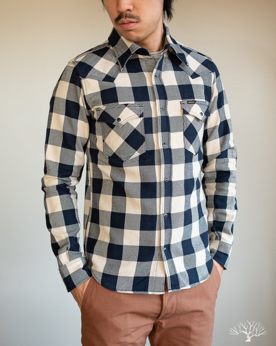 Iron Heart Ultra Heavy Flannel Navy-Ivory Buffalo Check Flannel Western Shirt