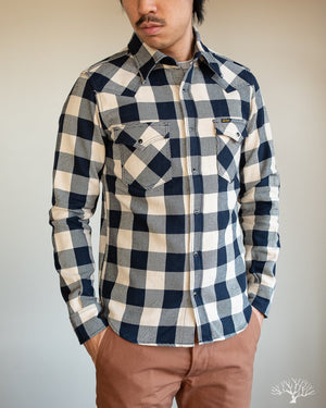 Iron Heart Ultra Heavy Flannel Navy-Ivory Buffalo Check Flannel Western Shirt