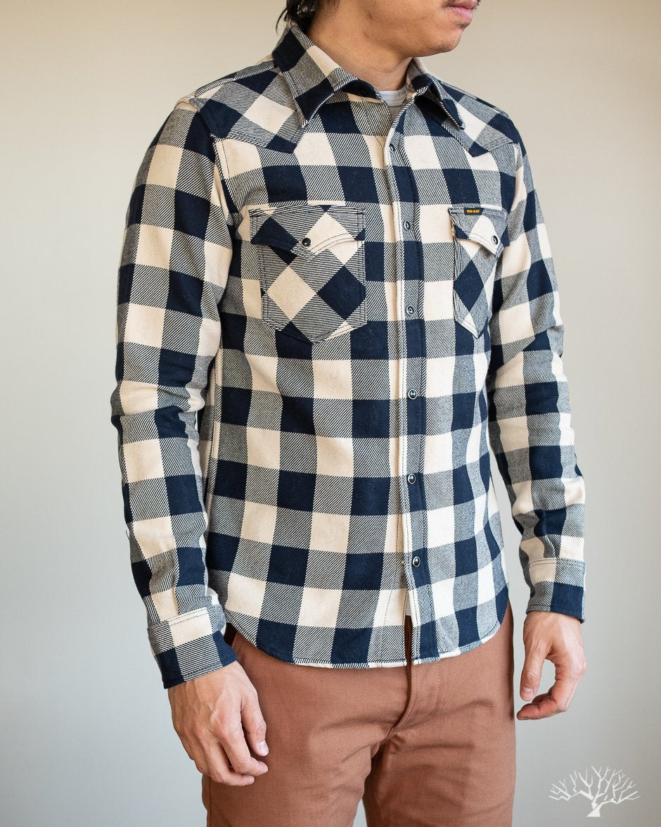 Iron Heart Ultra Heavy Flannel Navy-Ivory Buffalo Check Flannel Western Shirt