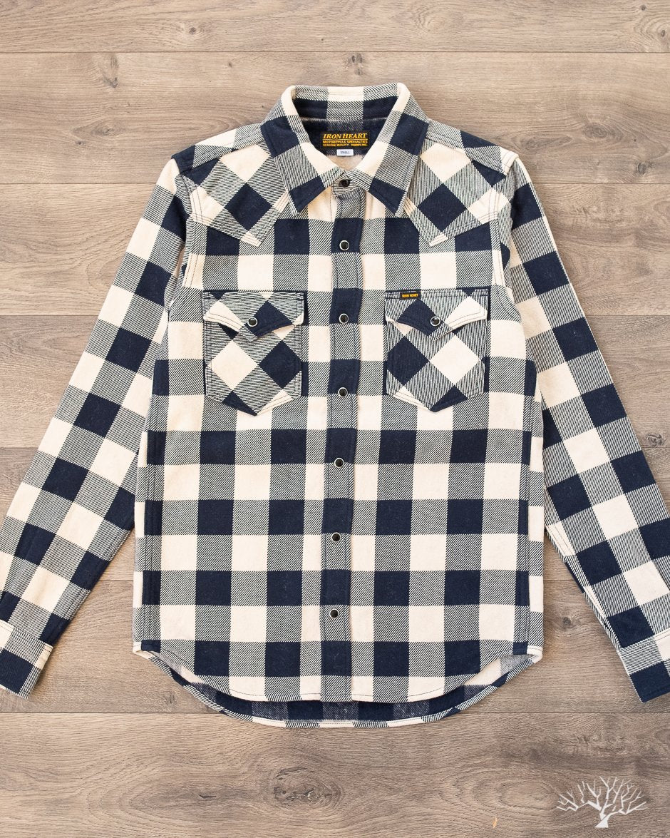 Iron Heart Ultra Heavy Flannel Navy-Ivory Buffalo Check Flannel Western Shirt