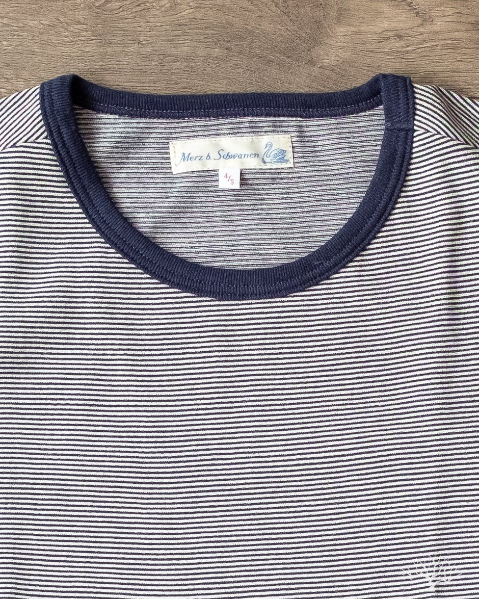 Merz b. Schwanen 215 Crew Neck Tee - Striped Ink Blue / Nature