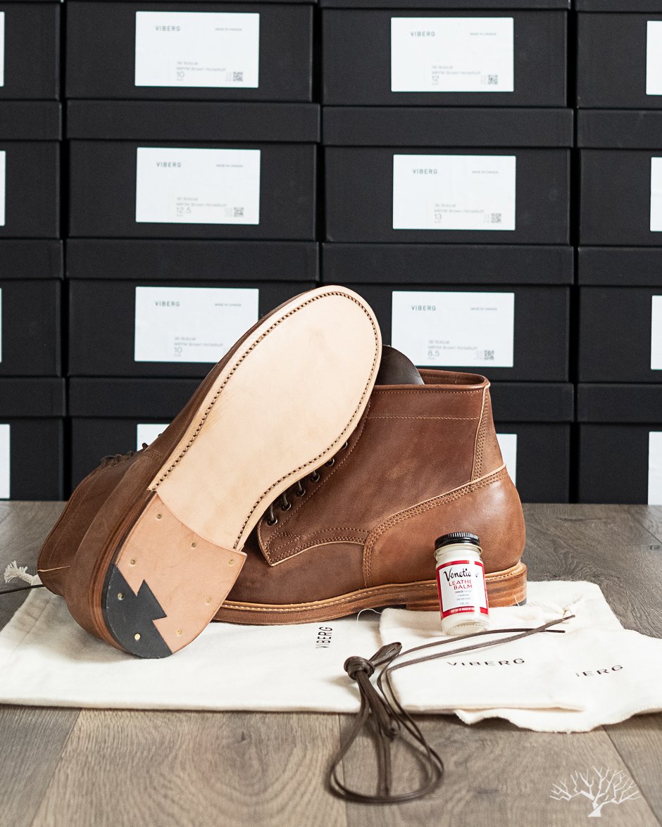 Viberg Brown Horsebutt Bobcat Boot comes in a 1035 Last, Dove Tail heel and Natural Leather Sole