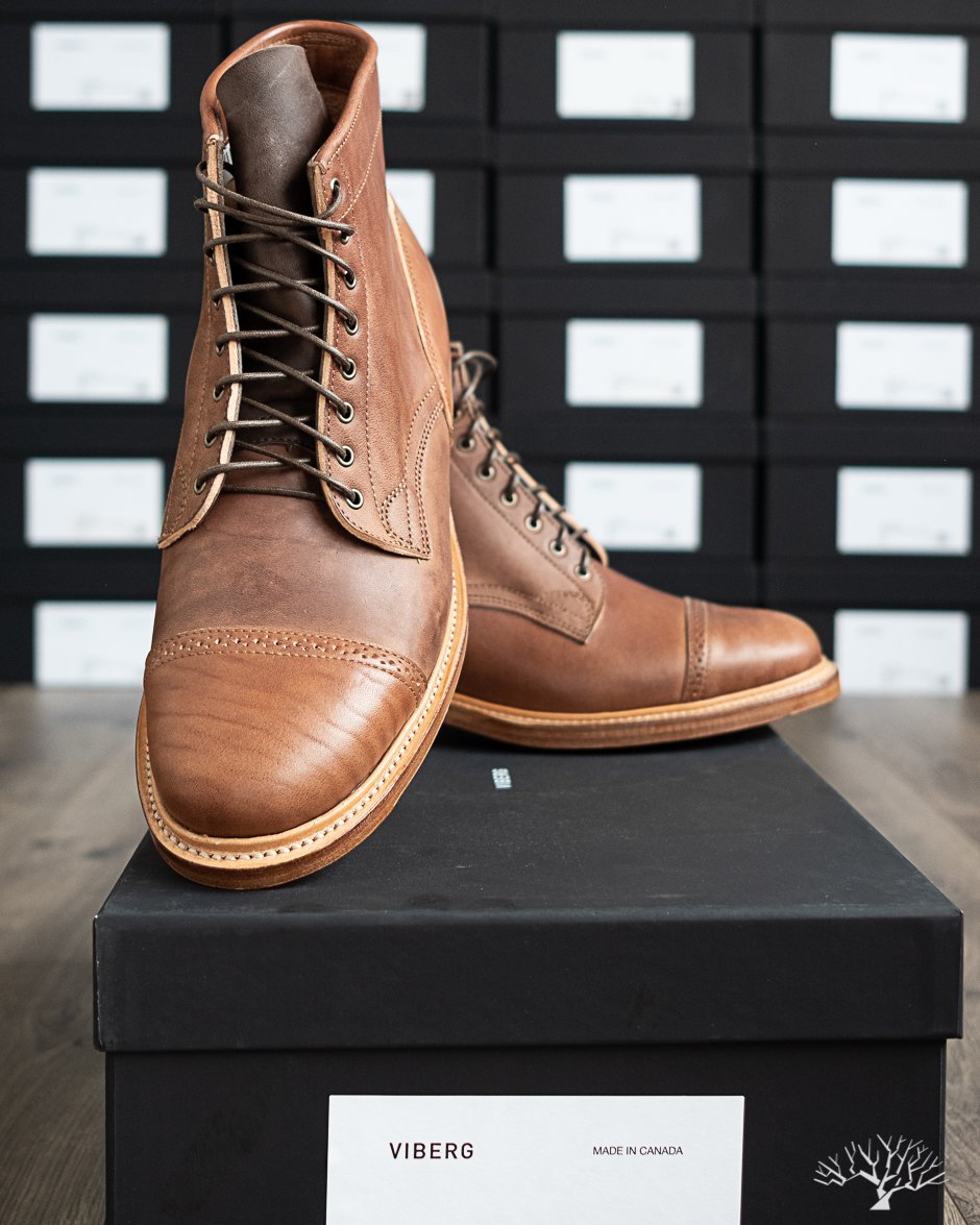 Viberg Brown Horsebutt Bobcat Boot comes in a 1035 Last, Dove Tail heel and Natural Leather Sole